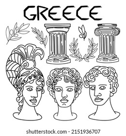 Set of ancient classical statues of ancient Greece, hand-drawn doodle in sketch style. Heads, laurel wreath, olive branch, Ionic and Doric order columns. Rome. Greece. 