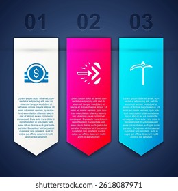 Set Ancient coin, Magic arrow and Pickaxe. Business infographic template. Vector