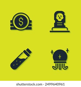 Set Ancient coin, Magic ball, Bottle with potion and Grave tombstone icon. Vector