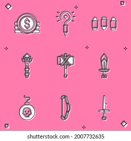 Set Ancient coin, Magic wand, Bullet, Medieval axe, Sword for game, Bomb ready to explode and bow icon. Vector