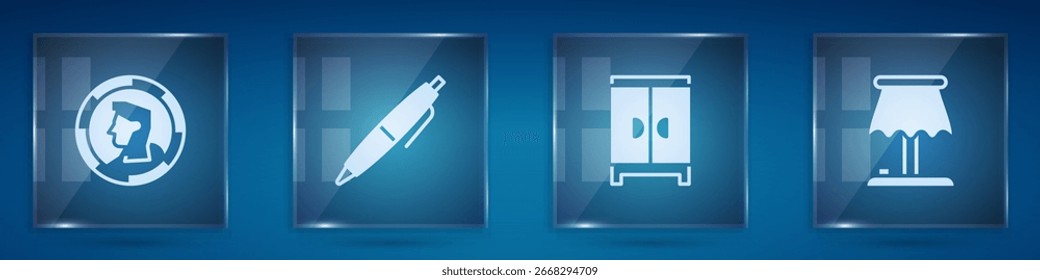 Conjunto de monedas antiguas, pluma, armario y lámpara de mesa. Paneles de vidrio cuadrados. Vector