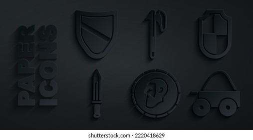 Ponga moneda antigua, Escudo, espada medieval, carreta de cuatro ruedas de madera, hacha e icono. Vector