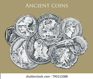 set ancient coins or money. roman and greek cash reward. engraved hand drawn in old sketch, vintage style.