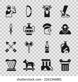 Set Ancient column, Bottle of olive oil, Cyclops, Medusa Gorgon, amphorae, Torch flame, Zeus and Greek helmet icon. Vector