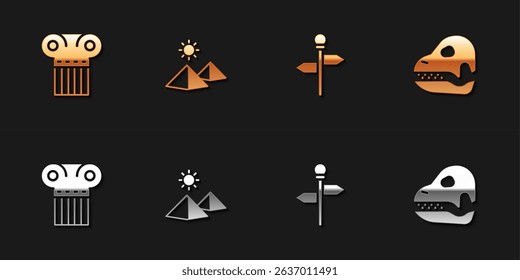 Set Ancient column, Egypt pyramids, Road traffic signpost and Dinosaur skull icon. Vector