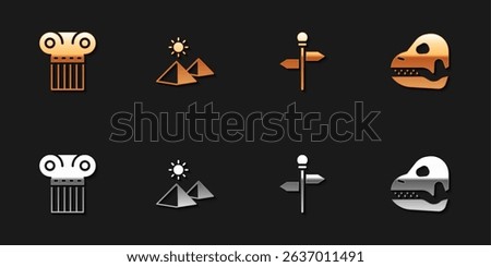 Set Ancient column, Egypt pyramids, Road traffic signpost and Dinosaur skull icon. Vector