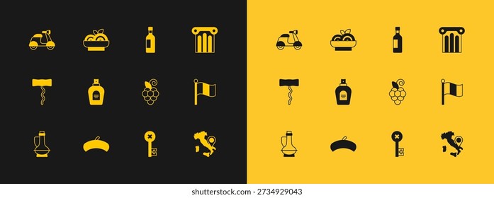 Set Ancient column, French beret, Grape fruit, Old key, Perfume, Bottle of wine, Scooter and Pasta spaghetti icon. Vector