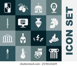 Set Ancient column, Hand holding a fire, Greek helmet, Santorini building, Medieval sword, shield and amphorae icon. Vector