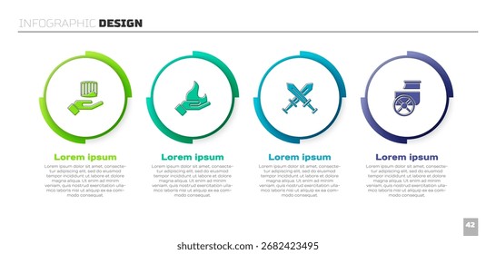 Set Ancient column, Hand holding a fire, Crossed medieval sword and chariot. Business infographic template. Vector