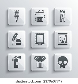 Set Ancient column, Human skull, Old hourglass with sand, Picture, Fire extinguisher, Feather inkwell, Torch flame and Castle tower icon. Vector