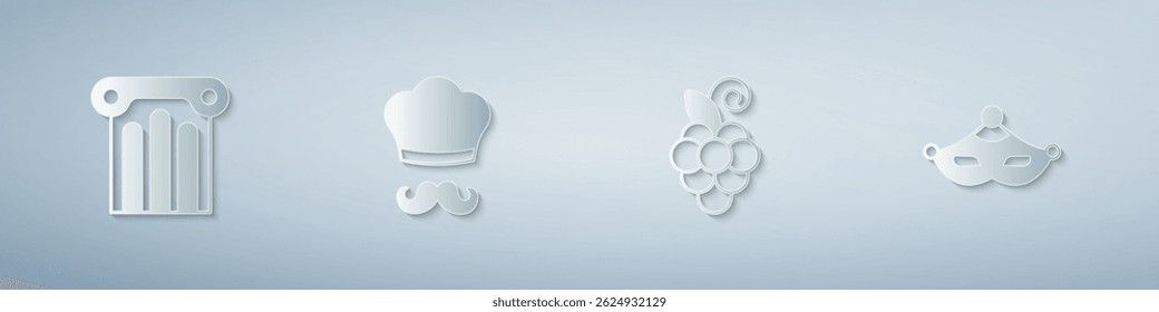 Set Ancient column, Italian cook, Grape fruit and Carnival mask. Paper art style. Vector