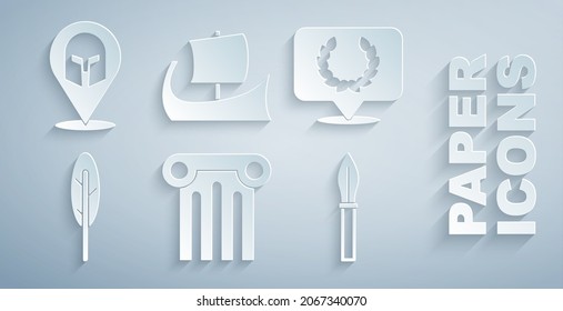 Indique la columna antigua, la corona Laurel, la pluma Feather, la lanza medieval, el trirmen griego y el icono del casco. Vector
