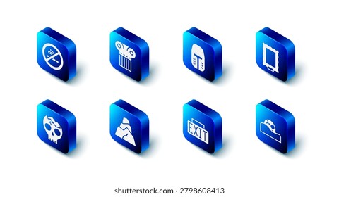 Set Ancient column, Medieval iron helmet, Picture, Human skull, Exit sign, Rock stones, Broken human and No Smoking icon. Vector