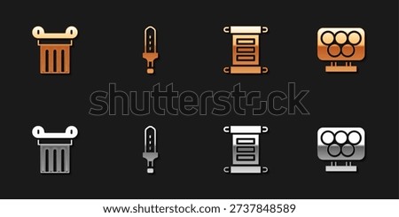 Set Ancient column, Medieval sword, Decree, parchment, scroll and Olympic rings icon. Vector