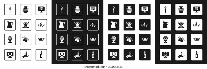 Set Ancient column, Minotaur, Bottle of olive oil, Torch flame, Zeus, amphorae, Helmet with wings and labyrinth icon. Vector
