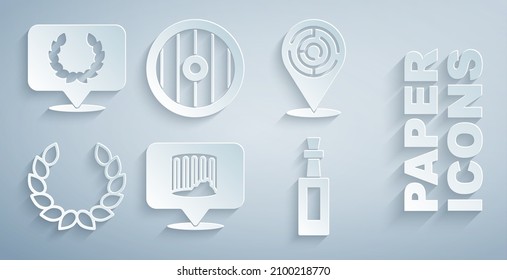 Set Ancient column, Minotaur labyrinth, Laurel wreath, Bottle of olive oil, Greek shield and  icon. Vector