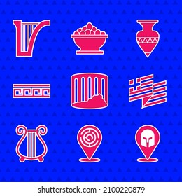 Set Ancient column, Minotaur labyrinth, Greek helmet, Greece national flag, lyre, pattern, amphorae and Harp icon. Vector