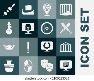 Set Ancient column, Parthenon, Crossed medieval sword, Minotaur labyrinth, Greek helmet, Bottle of olive oil, Olive and cheese chopstick and shield icon. Vector