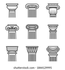 Set of ancient columns icon in black and white colors.