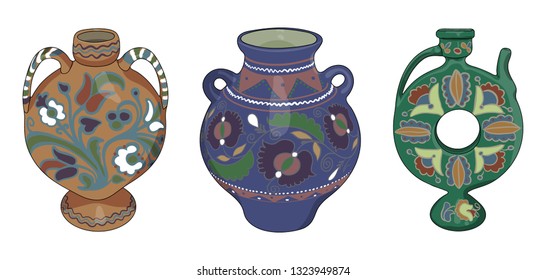 Set of Ancient Decorative Jugs. Vector.