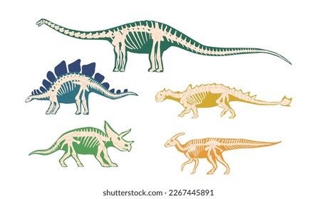 Set of Ancient Dinosaur Bones, Skeleton Fossils For Scientific Articles, History Books, And Materials about Discovery Of Uncovering The Secrets Of Ancient Prehistoric Life. Cartoon Vector Illustration