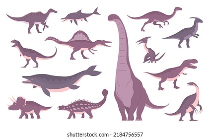 Set of ancient dinosaurs. Sauropod, tyrannosaurus rex, therizinosaurus, mosasaurus, triceratops. Extinct dino lizard of the Jurassic period. Paleontology animals. Vector isolated illustration