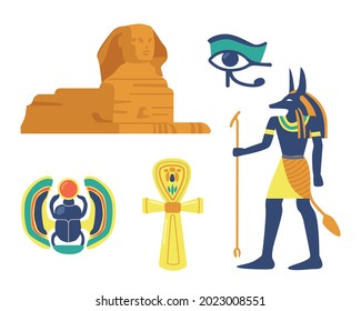 Conjunto de símbolos religiosos y monumentos de la civilización egipcia antigua. Esfinge, Scarab y Ojo de Providencia, Dios Anubis egipcio y Ankh sagrado aislado en fondo blanco. Ilustración del vector de dibujos animados