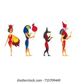 Set of ancient Egypt gods - Anubis, Ru, Horus and Hathor, flat cartoon vector illustration isolated on white background. Anubis, Ru, Horus and Hathor, ancient Egyptian gods, full length portrait set