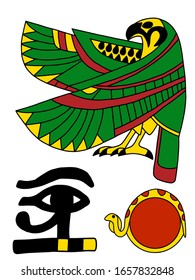 Set of ancient Egypt papyrus picture elements. Bright colorful ancient god and symbols. Stock vector illustration of Ra, the sun god, the eye of Horus and  uraeus, snake with sun disk. 