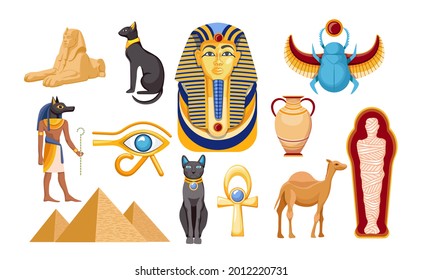 Set of Ancient Egypt Religious Symbols and Landmarks. Sphinx, Scarab and Camel, Mummy, Eye of Providence, Egyptian Pyramids and Pharaoh Mask with Anubis God and Black Cats. Cartoon Vector Illustration