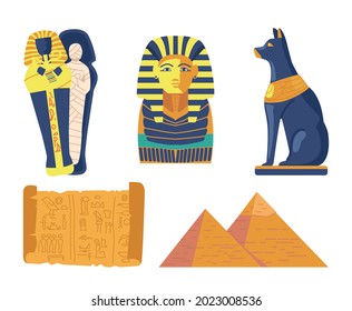 Conjunto de símbolos religiosos y momias emblemáticas del antiguo Egipto en el Sarcófago, las pirámides egipcias y la máscara faraón con gato negro y papiro aislados de fondo blanco. Ilustración del vector de dibujos animados