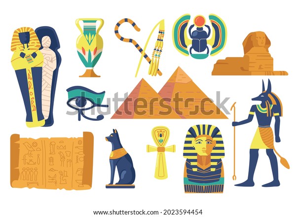 Set of Ancient Egypt Religious Symbols and\
Landmarks. Sphinx, Scarab and Mummy, Eye of Providence, Egyptian\
Pyramids and Pharaoh Mask with Anubis God, Jug and Black Cat.\
Cartoon Vector\
Illustration