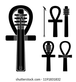 Set of ancient egypt silhouettes - ankh, djed and was-sceptre in different shapes. 