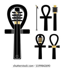 Set of ancient egypt silhouettes - ankh, djed and was-sceptre in different shapes.