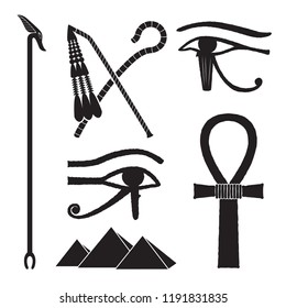 Set of ancient egypt silhouettes - The Crook and Flail, was-scepter, eye of horus and pyramids