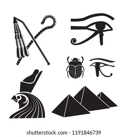 Set of ancient egypt silhouettes - The Crook and Flail, scarab, eye of horus and pyramids