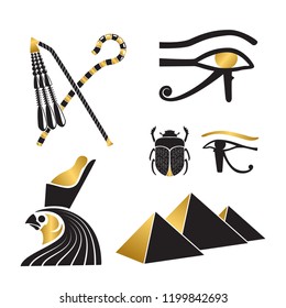 Set of ancient egypt silhouettes - The Crook and Flail, scarab, eye of horus and pyramids