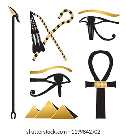 Set of ancient egypt silhouettes - The Crook and Flail, was-scepter, eye of horus and pyramids