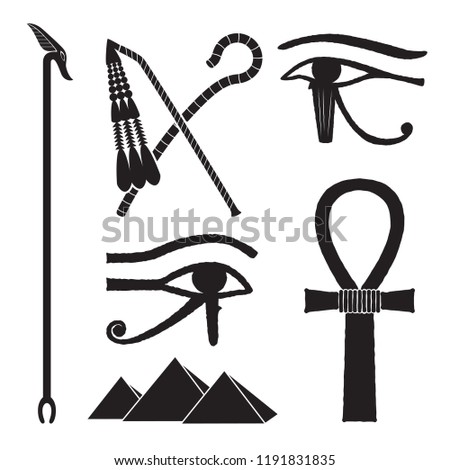 Set of ancient egypt silhouettes - The Crook and Flail, was-scepter, eye of horus and pyramids