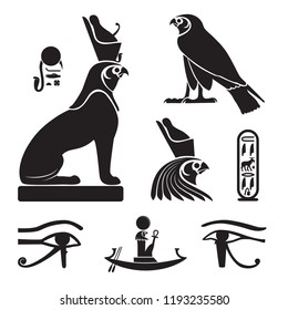 Set of ancient egypt silhouettes - Eye of Horus, Horus as lion and falcon, solar barge and cartouche