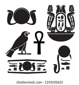 Set of ancient egypt silhouettes - Eye of Ra, Horus as falcon, cartouche with horned vipers, ankh, egyptian hieroglyph