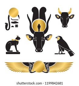 Set of ancient egypt silhouettes - Eye of Ra, Horus as falcon, Bastet as cat, Hathor as cow