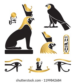 Set of ancient egypt silhouettes - Eye of Horus, Horus as lion and falcon, solar barge and cartouche