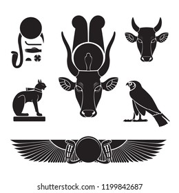 Set of ancient egypt silhouettes - Eye of Ra, Horus as falcon, Bastet as cat, Hathor as cow