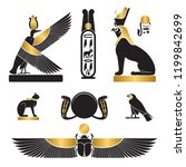 Set of ancient egypt silhouettes - Nekhbet as griffon, eye of Horus and eye of Ra, Bastet as cat