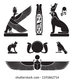 Set of ancient egypt silhouettes - Nekhbet as griffon, eye of Horus and eye of Ra