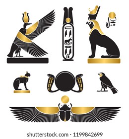 Set of ancient egypt silhouettes - Nekhbet as griffon, eye of Horus and eye of Ra, Bastet as cat