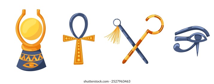 Situado com símbolos do antigo Egito. Aten, ankh, olho de Hórus, heka, nakhakha. Desenhado à mão desenhos animados vetor ilustração isolado no fundo branco. Imprimir para adesivo, logotipo, web