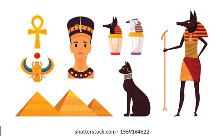 Set of Ancient Egypt symbols vector illustration isolated on white background. History landmarks and idols statues. Scarab, ankh, pyramids, bust of Nefertiti, cat, vessels for organs, Anubis