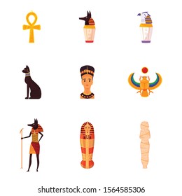 Set of Ancient Egypt symbols vector illustration isolated on white background. Religious element and idols statues. Scarab, ankh, bust of Nefertiti, cat, vessels for organs, Anubis, mummy, sarcophagus